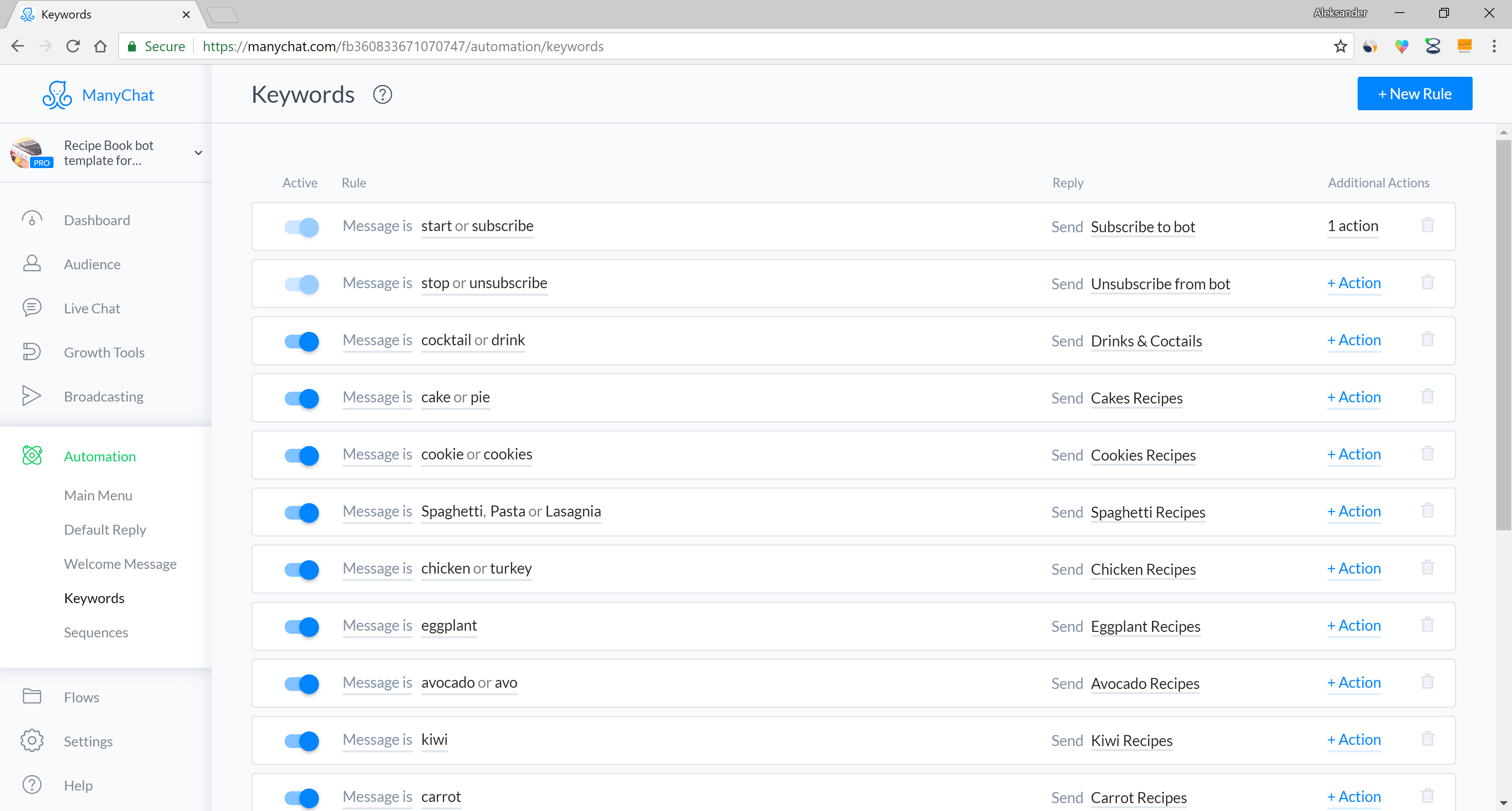 Chatfuel and ManyChat flow editor screenshot for Plantilla de chatbot de recetas para blogs de comida
