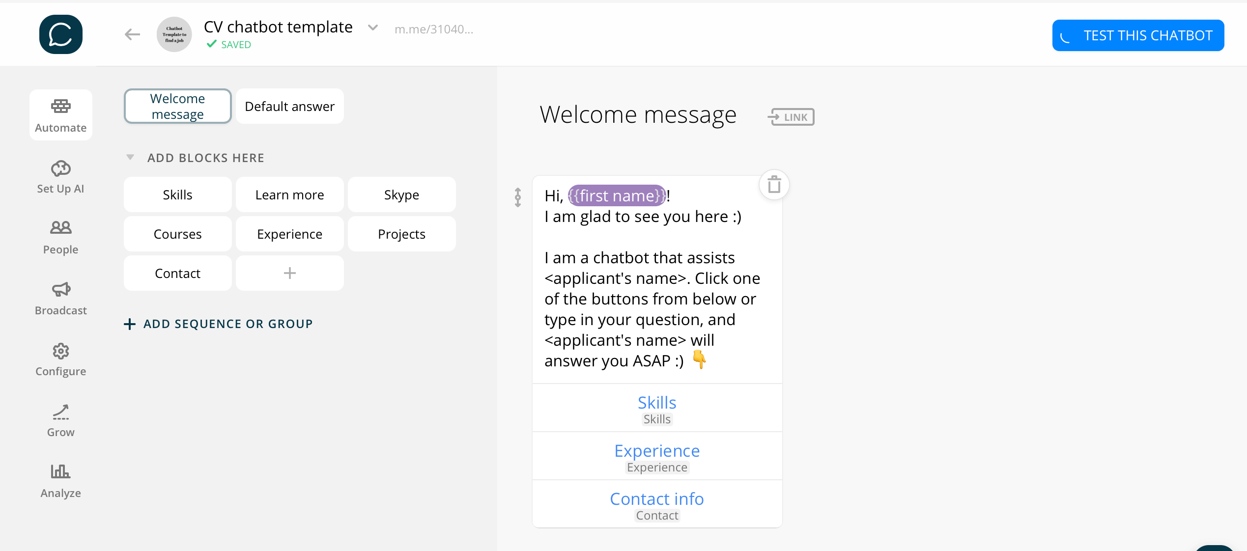 Chatfuel flow editor screenshot for Chatbot Template to Find a Job 
