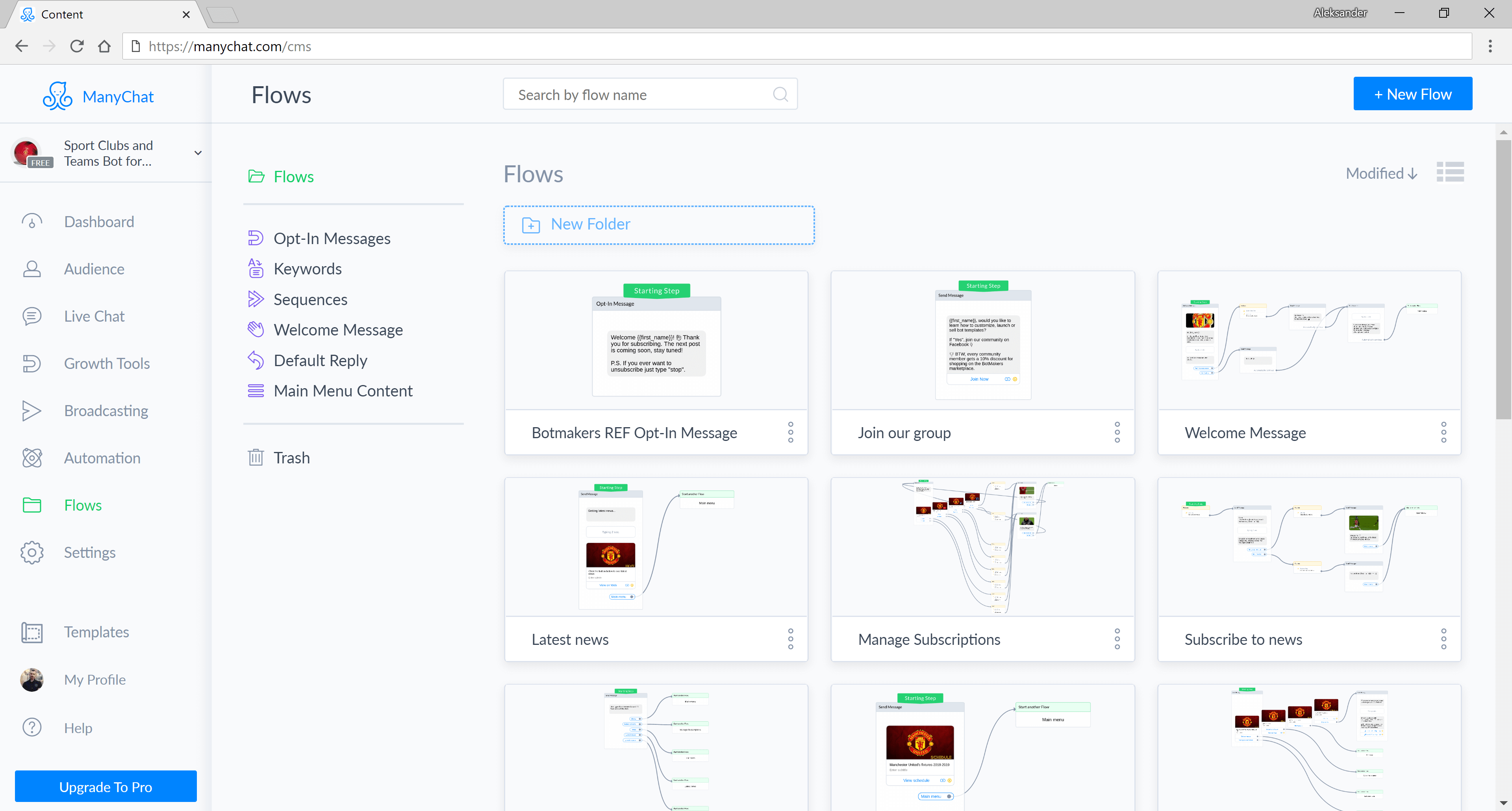 ManyChat flow editor screenshot for Шаблон бот Facebook Messenger для спортивних клубів та команд