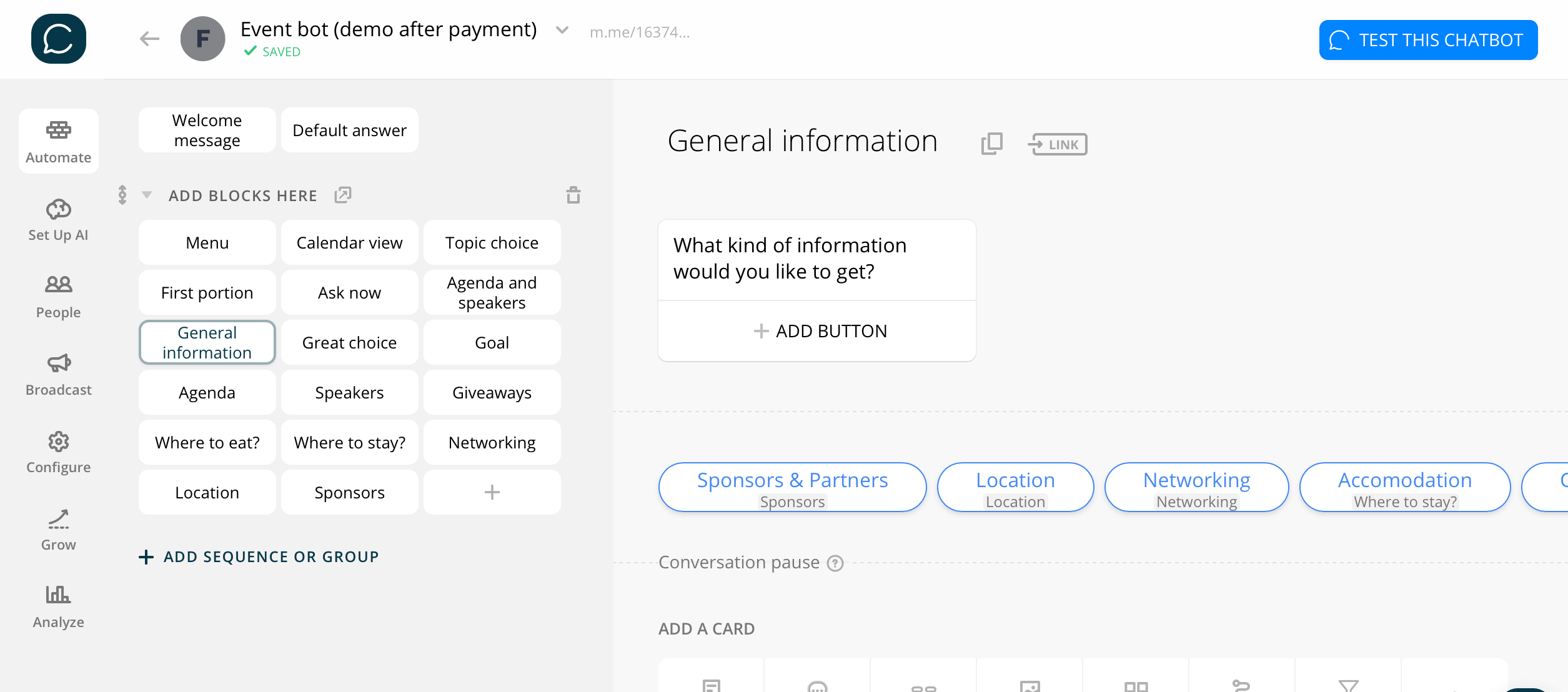 Chatfuel flow editor screenshot for Event Chatbot Part II