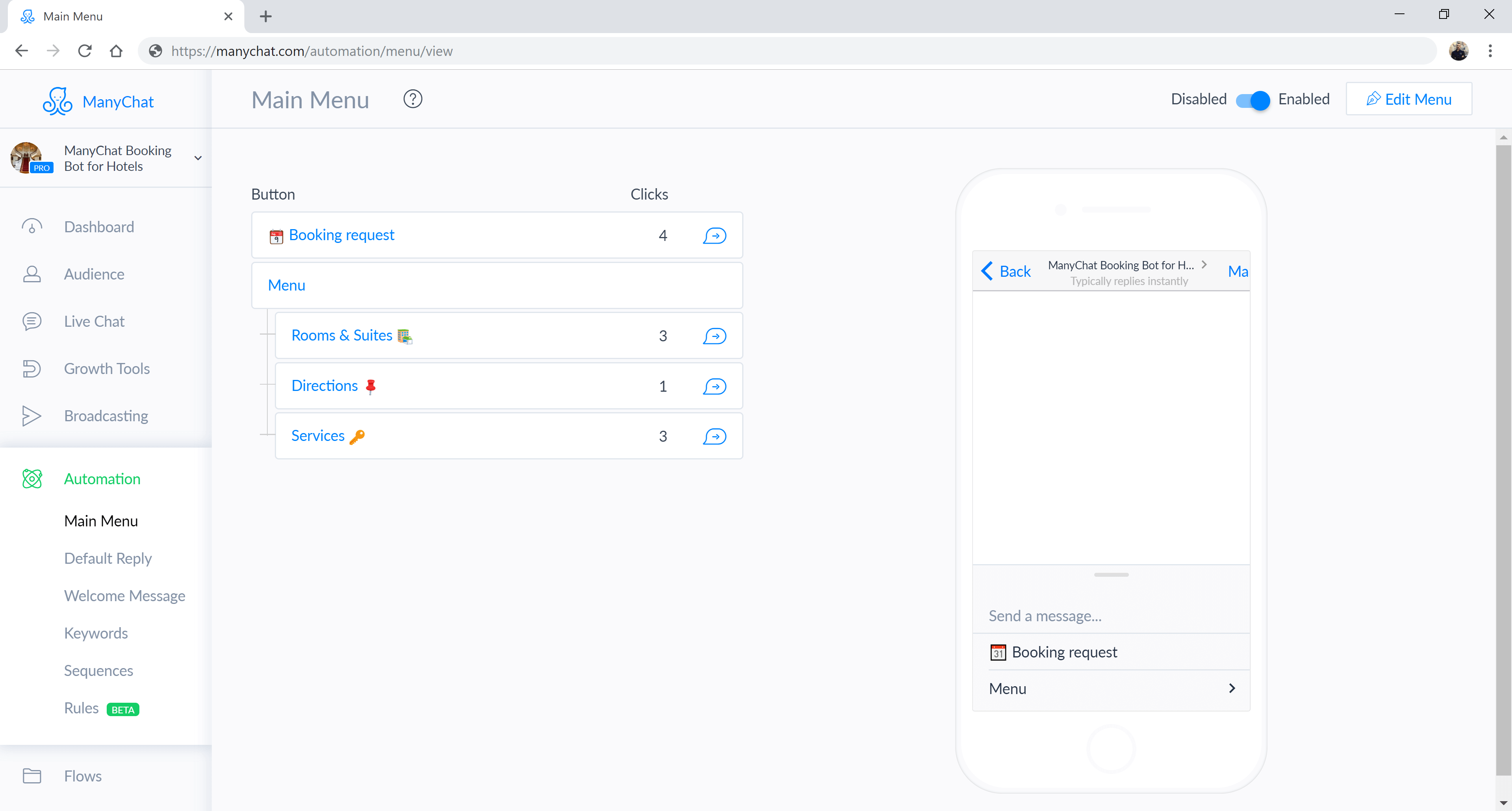 ManyChat flow editor screenshot for Hotelbuchung Chatbot für Messenger
