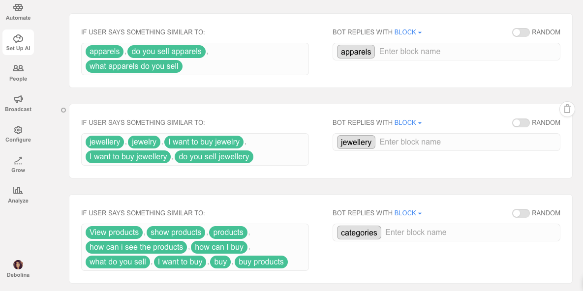 Chatfuel flow editor screenshot for Chatbot para tiendas de moda en línea