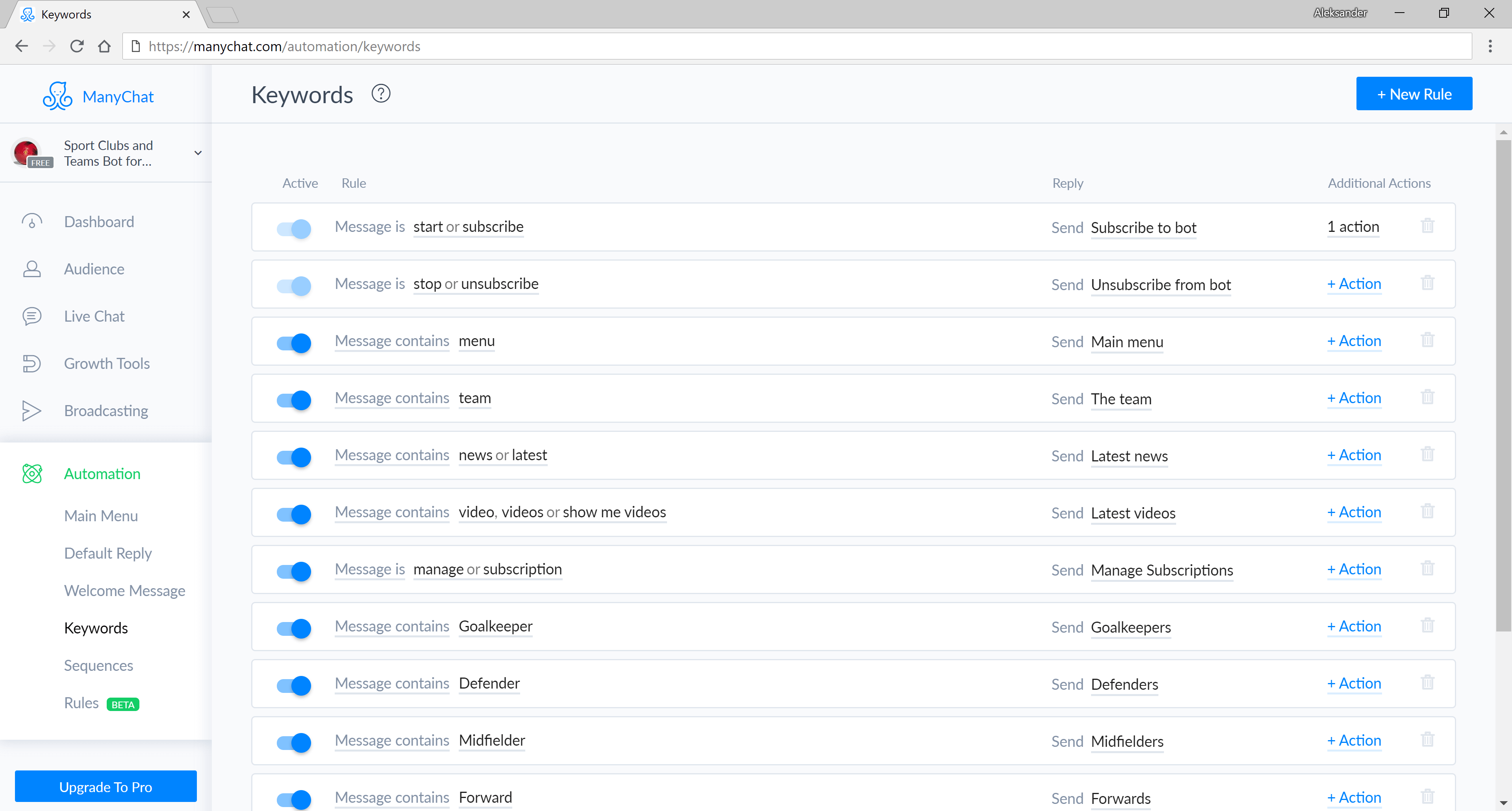ManyChat flow editor screenshot for Шаблон бот Facebook Messenger для спортивних клубів та команд