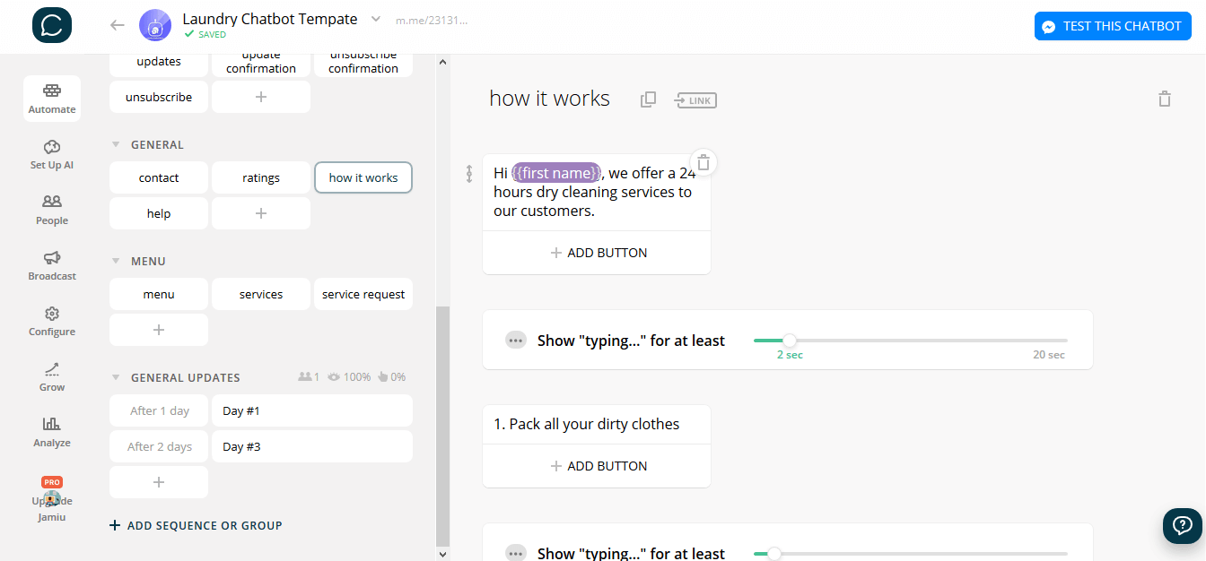 Chatfuel and ManyChat flow editor screenshot for Chemische Reinigung & Wäscheservice Chatbot-Vorlage
