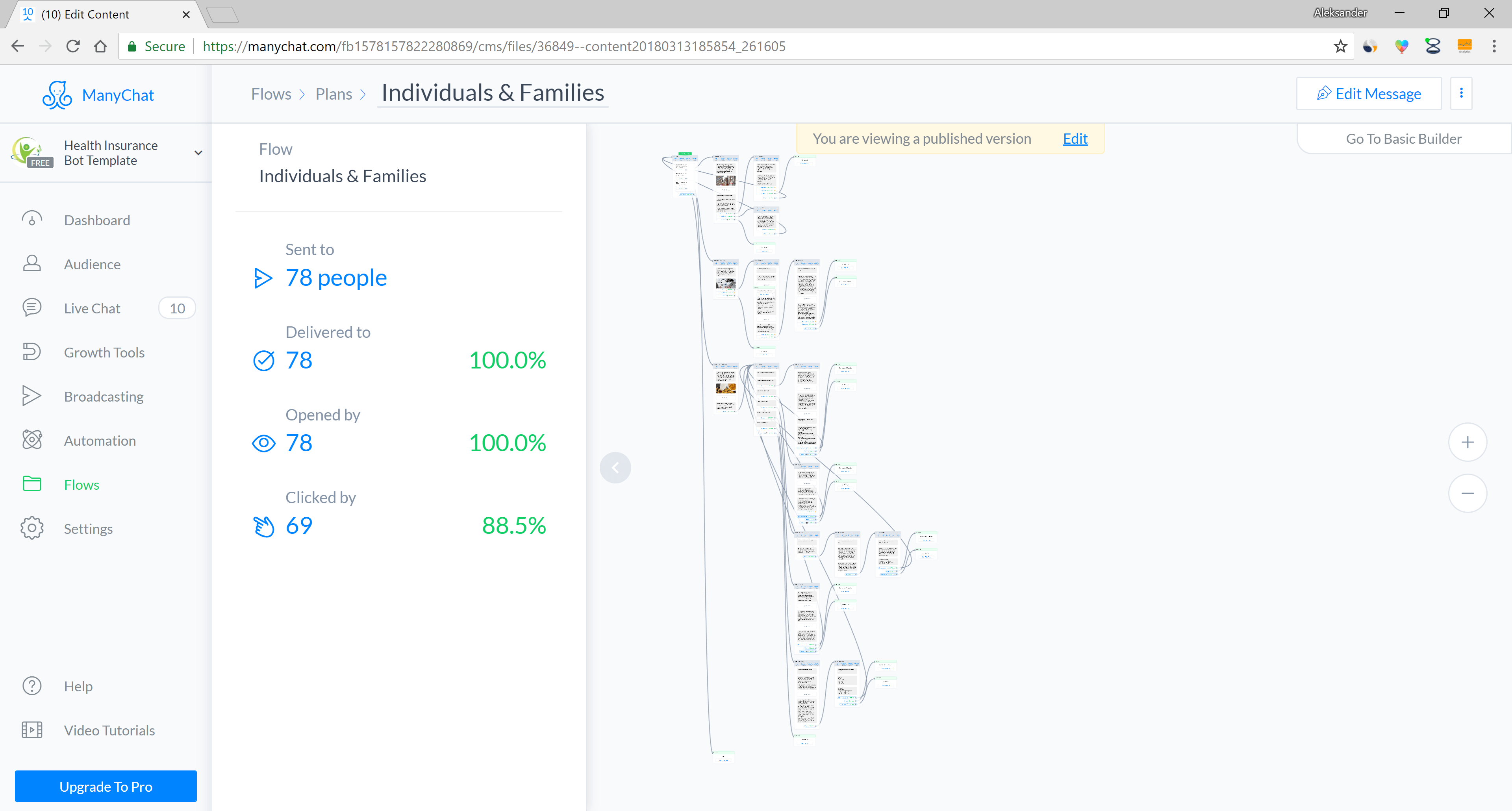 ManyChat flow editor screenshot for Шаблон бот-персонального помічника для страхових компаній