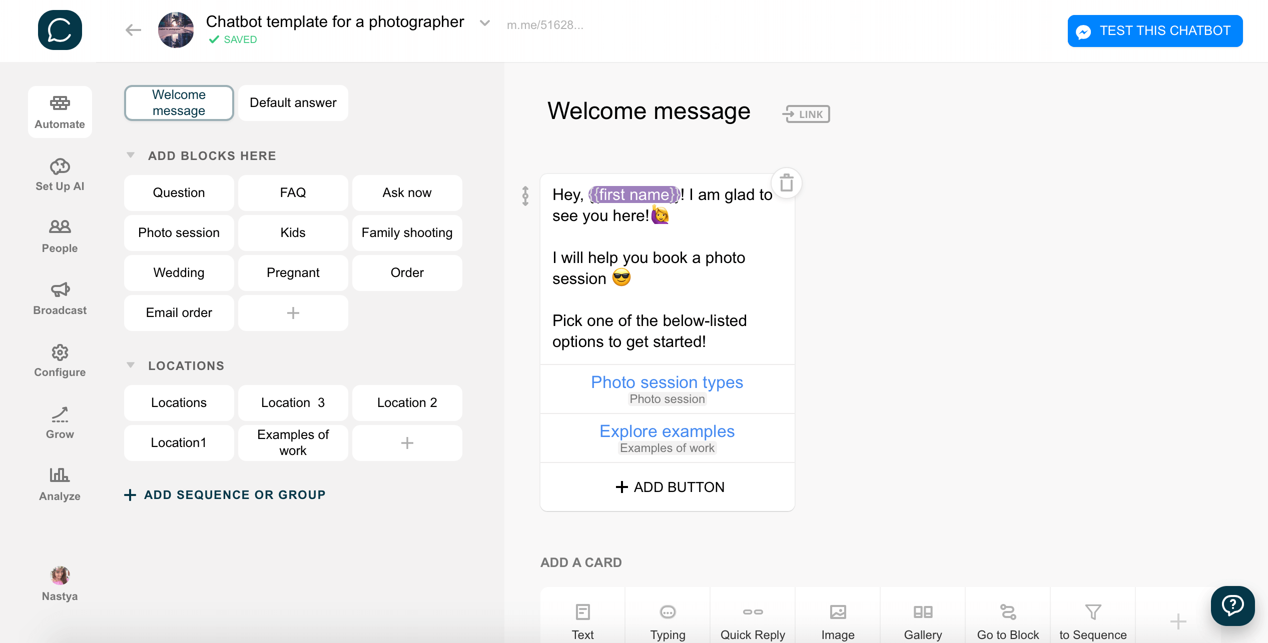 Chatfuel flow editor screenshot for Шаблон Chatbot для фотографа