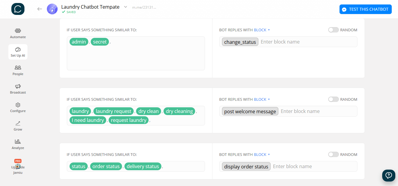 Chatfuel and ManyChat flow editor screenshot for Chemische Reinigung & Wäscheservice Chatbot-Vorlage
