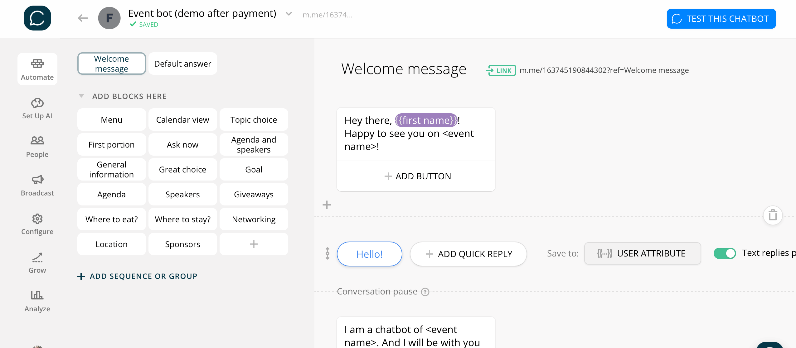 Chatfuel flow editor screenshot for Event Chatbot Part II