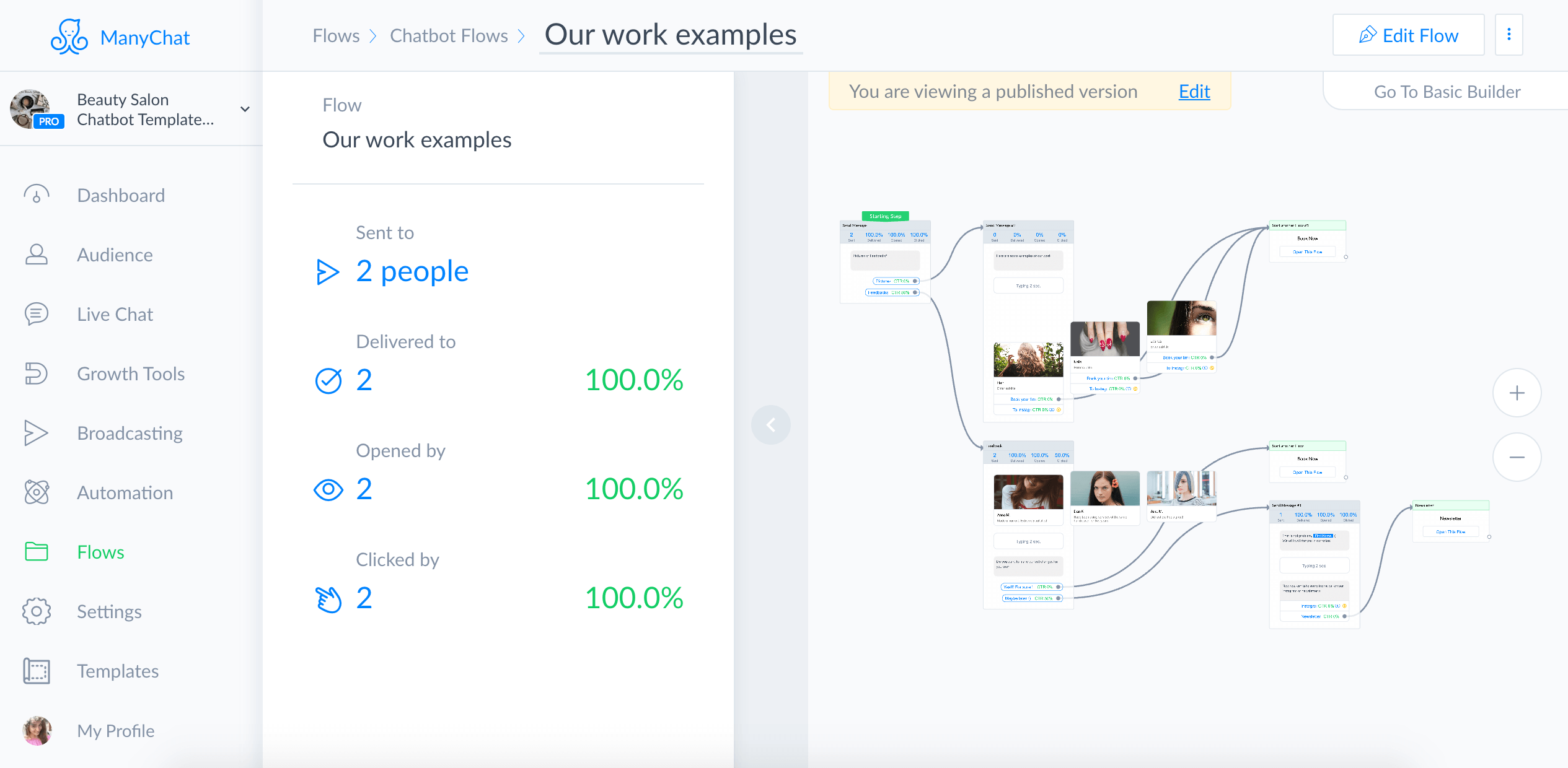 Chatfuel and ManyChat flow editor screenshot for Beauty Salon Chatbot Template for ManyChat