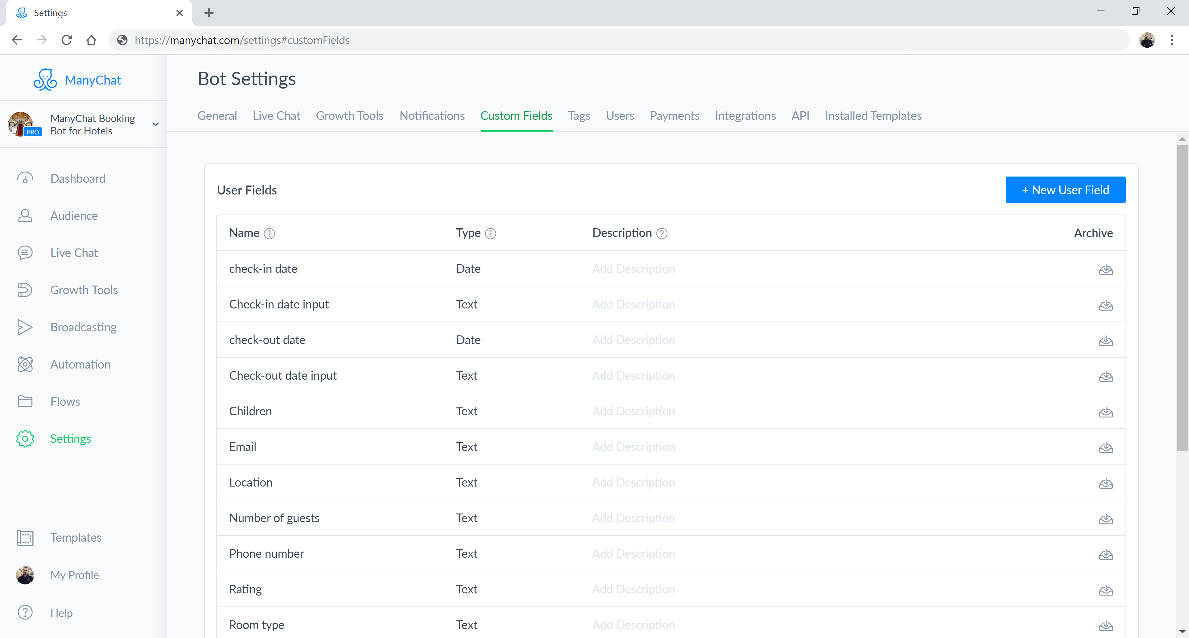 ManyChat flow editor screenshot for Hotelbuchung Chatbot für Messenger