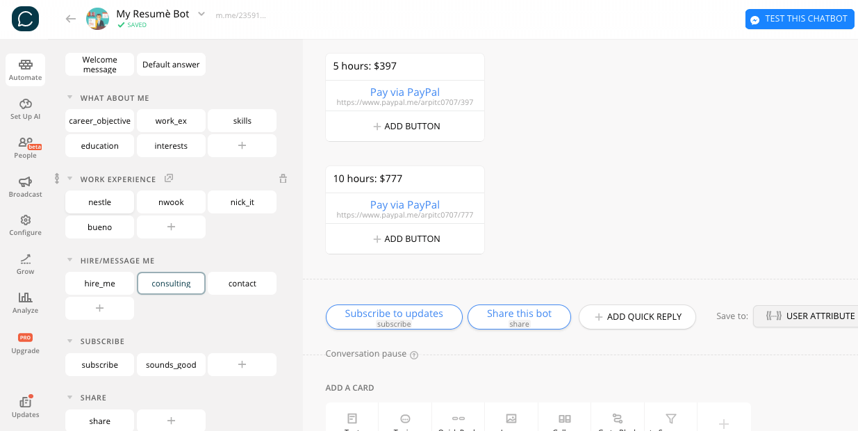 Chatfuel flow editor screenshot for Bot-Vorlage zum Erstellen eines eigenen Lebenslaufs