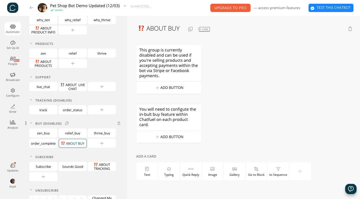 Chatfuel flow editor screenshot for Template per Bot e-commerce per negozi di animali online