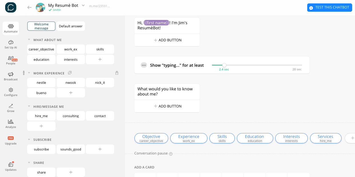 Chatfuel flow editor screenshot for Bot-Vorlage zum Erstellen eines eigenen Lebenslaufs