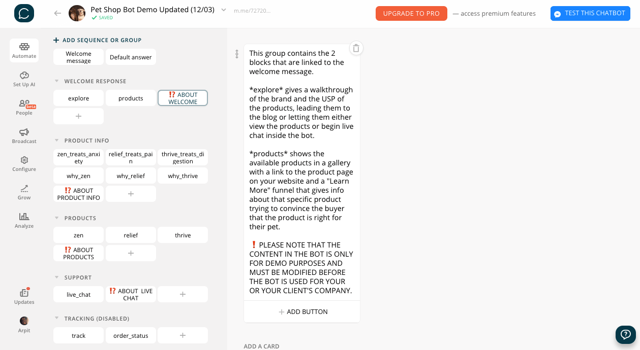 Chatfuel flow editor screenshot for Template per Bot e-commerce per negozi di animali online