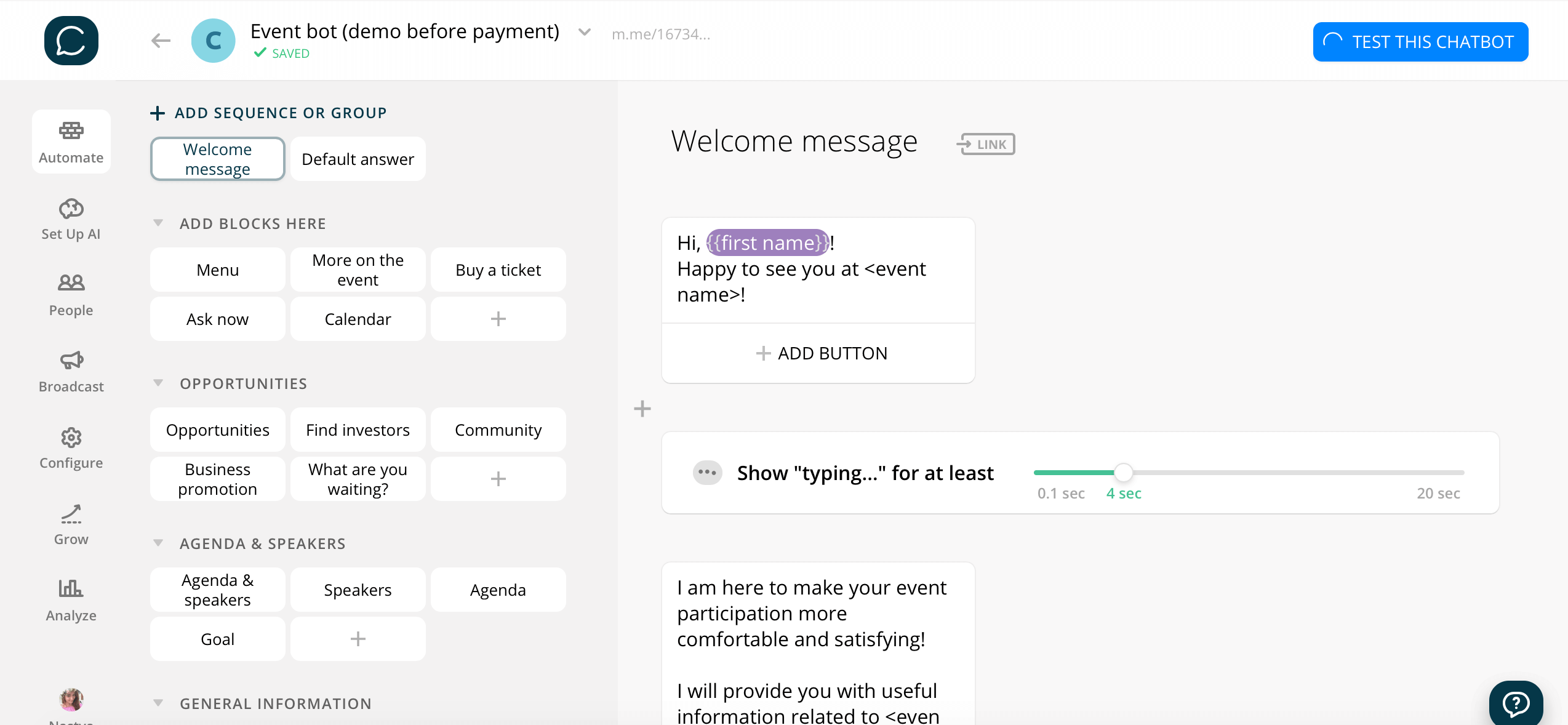 Chatfuel flow editor screenshot for Ведучий покоління Chatbot для події