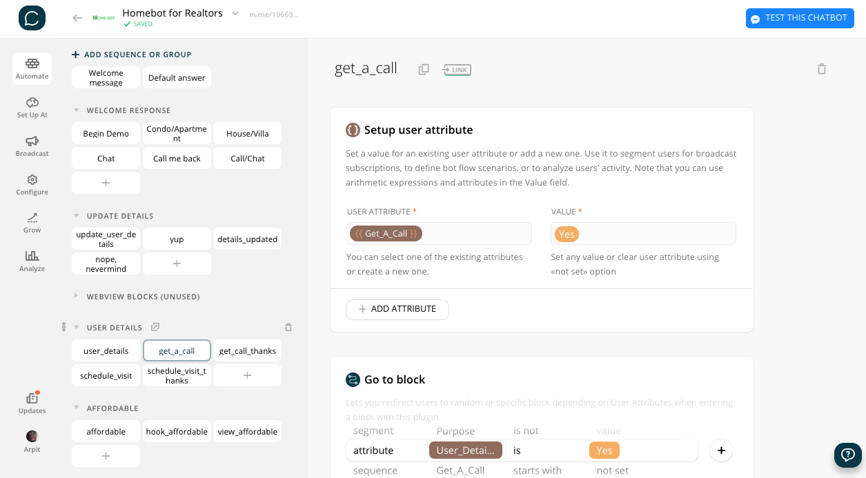 Chatfuel flow editor screenshot for Lead Generation Bot for Realtors Dealing in Homes