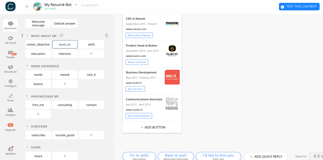 Chatfuel flow editor screenshot for Bot-Vorlage zum Erstellen eines eigenen Lebenslaufs