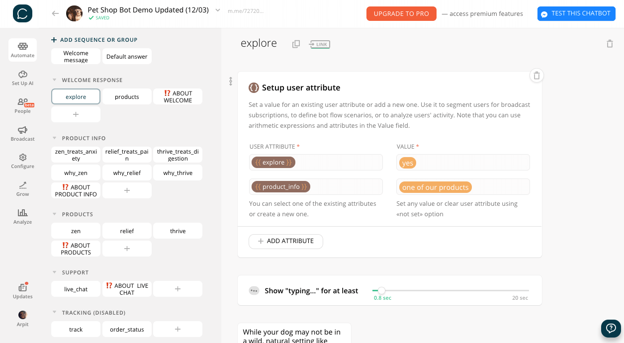 Chatfuel flow editor screenshot for Template per Bot e-commerce per negozi di animali online