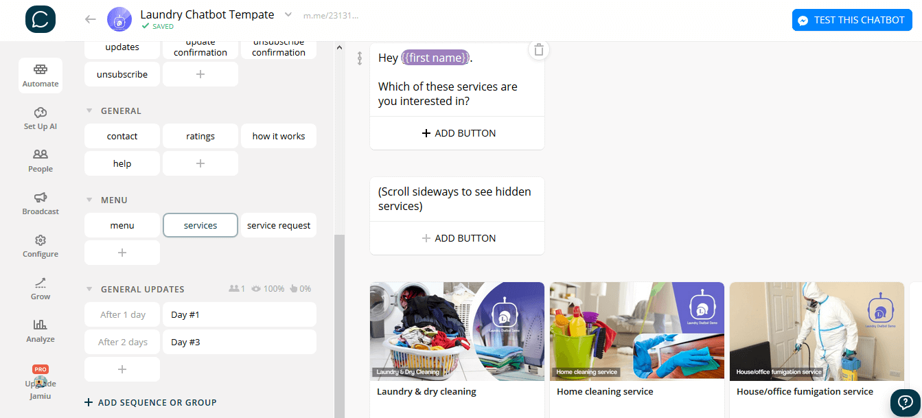 Chatfuel and ManyChat flow editor screenshot for Chemische Reinigung & Wäscheservice Chatbot-Vorlage