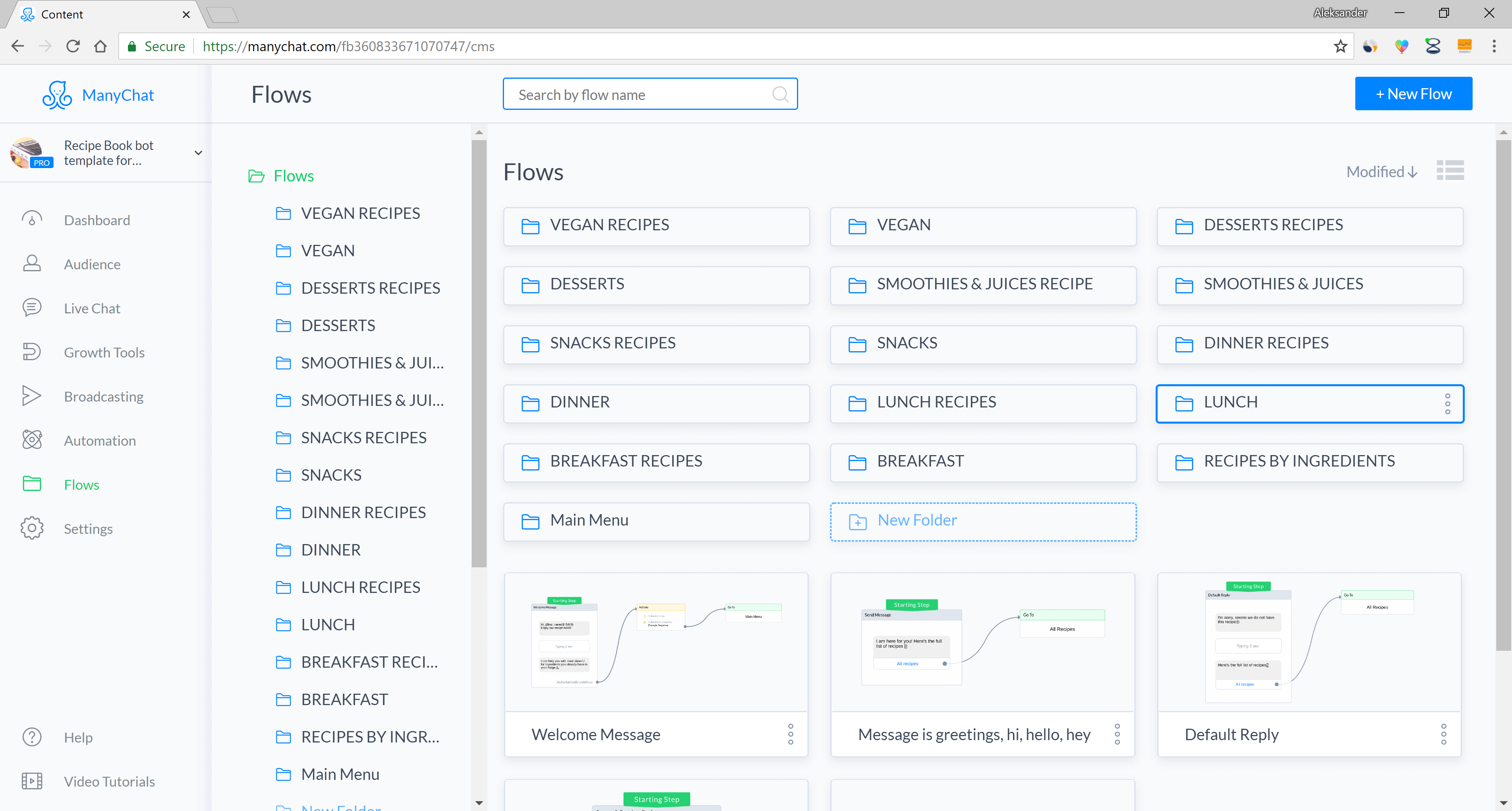 Chatfuel and ManyChat flow editor screenshot for Plantilla de chatbot de recetas para blogs de comida