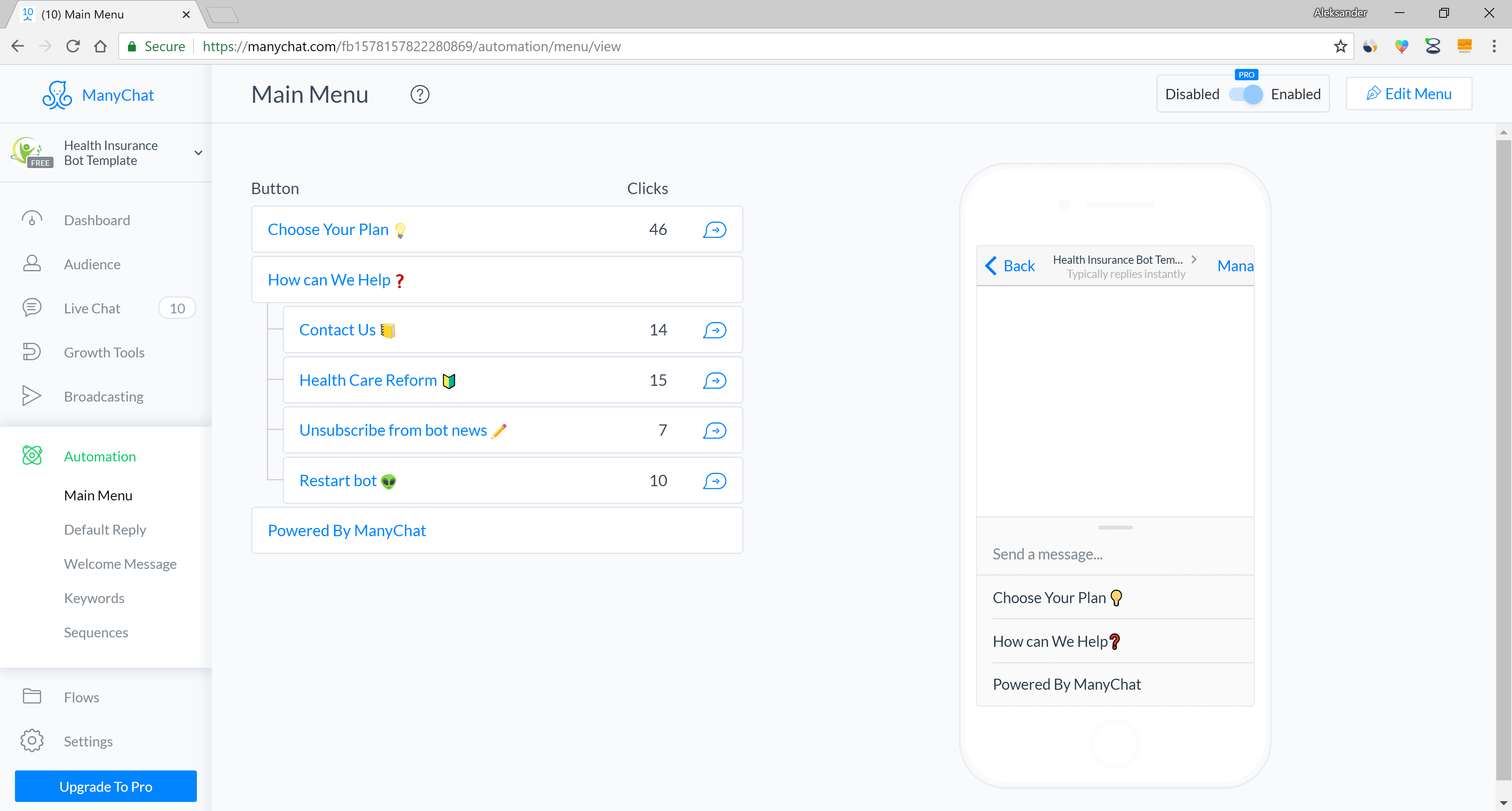 ManyChat flow editor screenshot for Шаблон бот-персонального помічника для страхових компаній