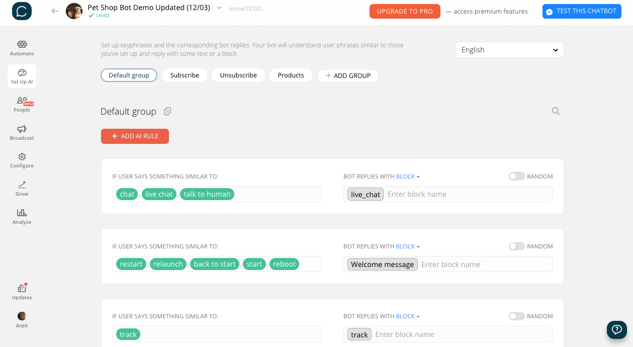 Chatfuel flow editor screenshot for Template per Bot e-commerce per negozi di animali online