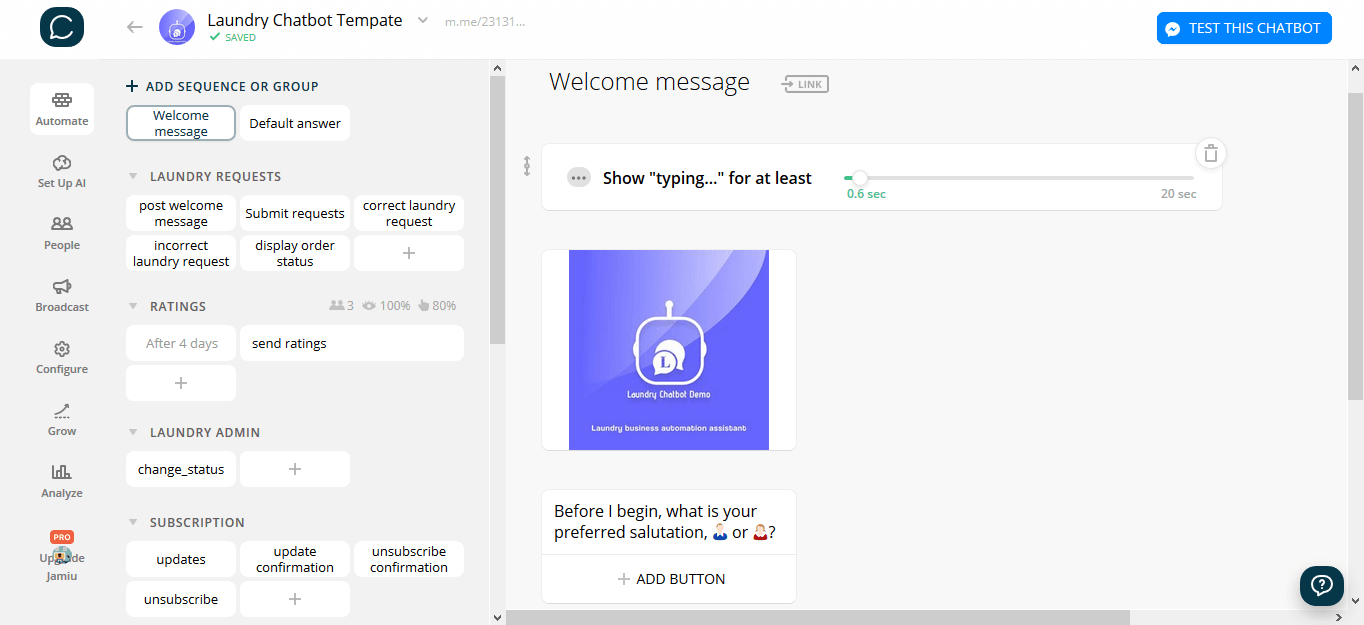 Chatfuel and ManyChat flow editor screenshot for Chemische Reinigung & Wäscheservice Chatbot-Vorlage