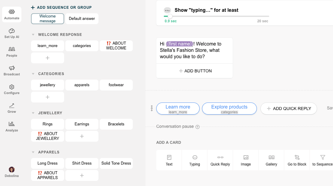 Chatfuel flow editor screenshot for Chatbot para tiendas de moda en línea
