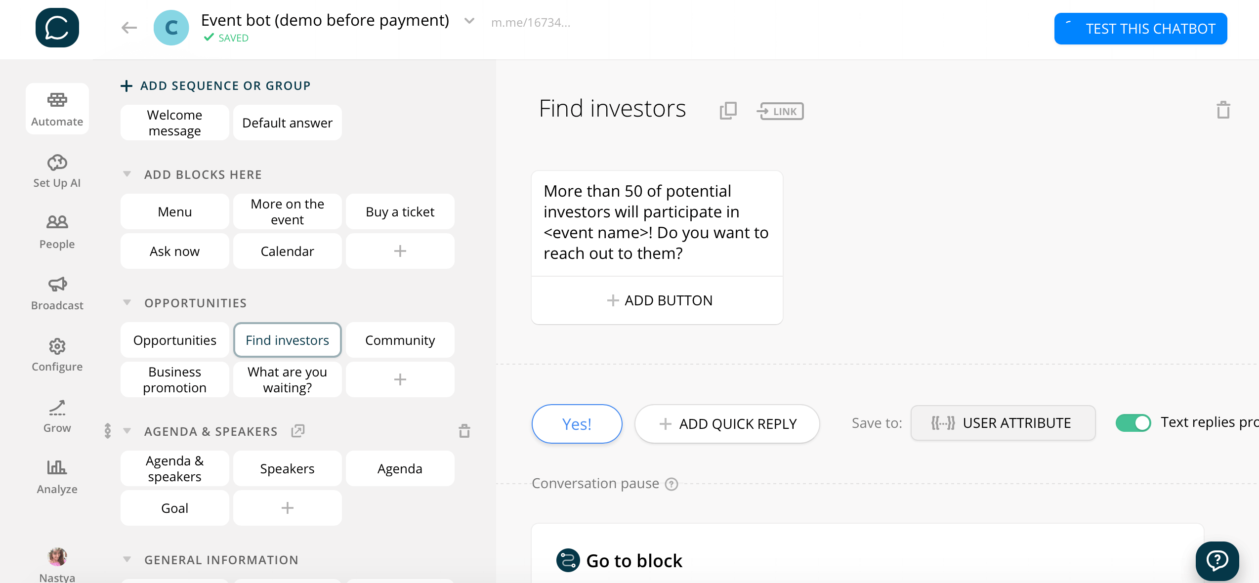 Chatfuel flow editor screenshot for Ведучий покоління Chatbot для події