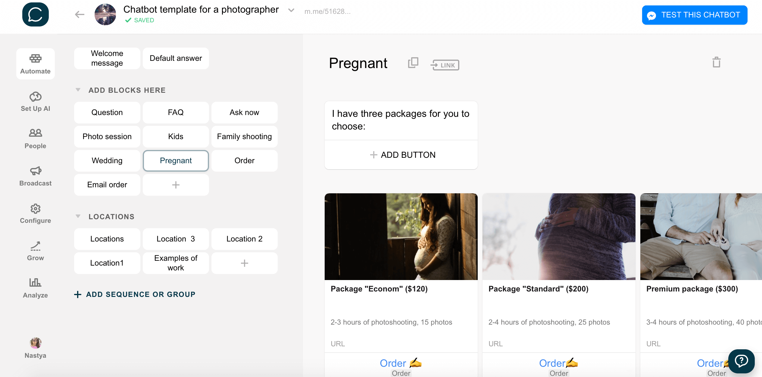 Chatfuel flow editor screenshot for Шаблон Chatbot для фотографа