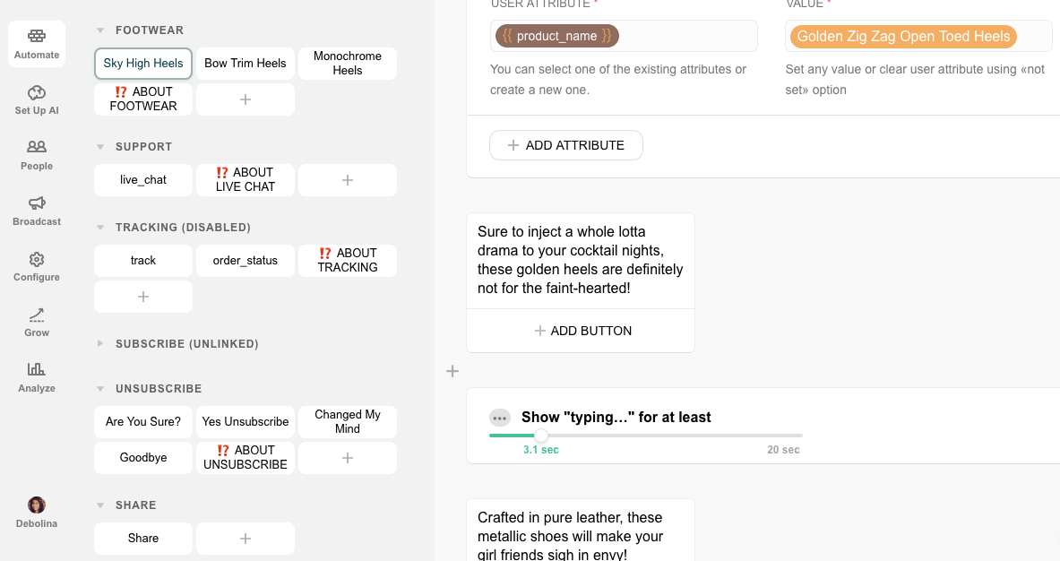 Chatfuel flow editor screenshot for Chatbot para tiendas de moda en línea
