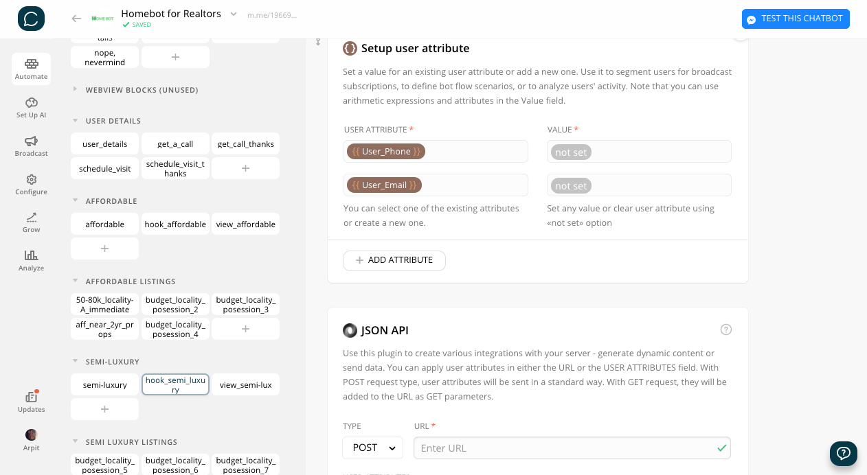 Chatfuel flow editor screenshot for Lead Generation Bot for Realtors Dealing in Homes