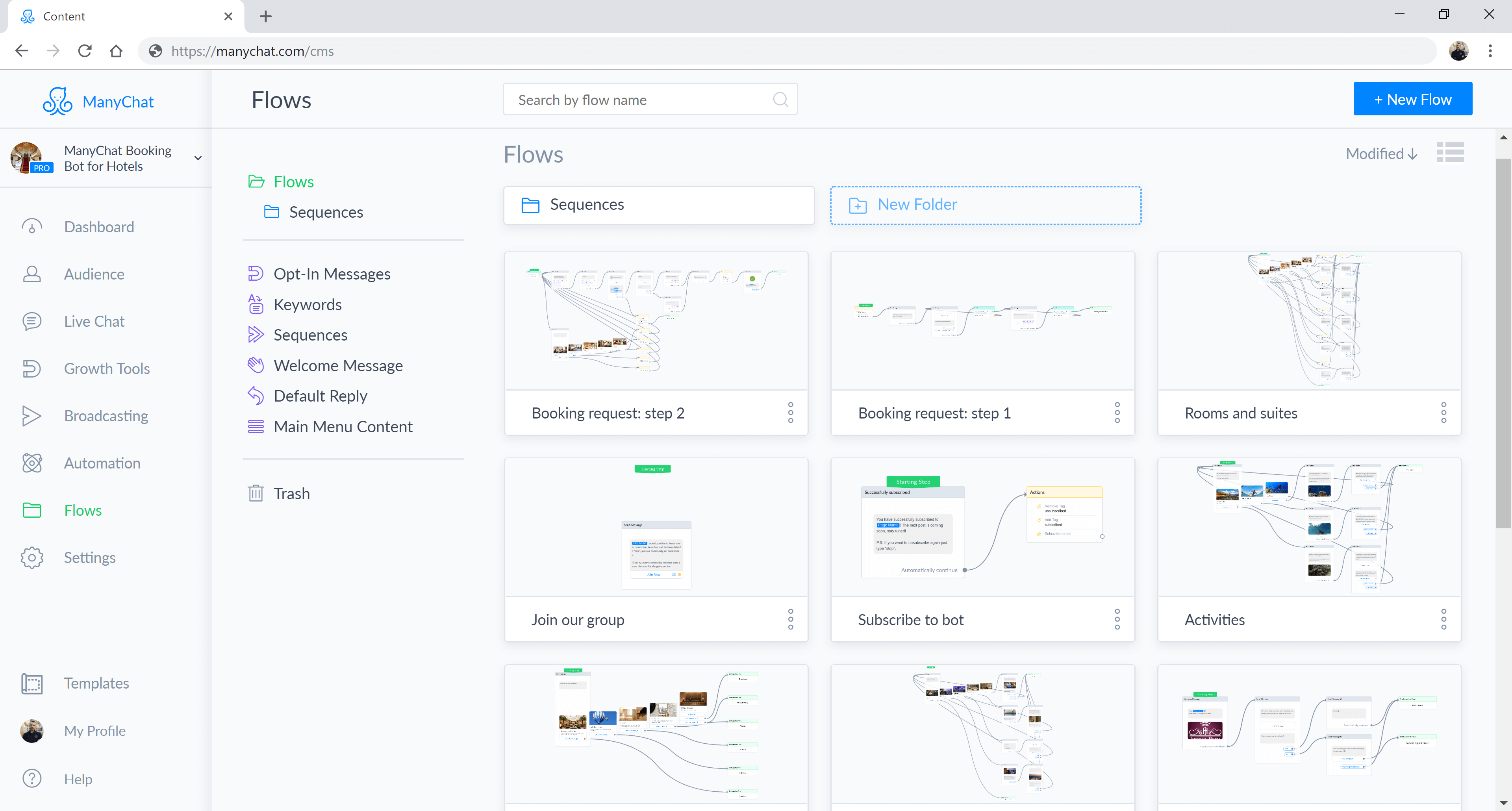 ManyChat flow editor screenshot for Hotelbuchung Chatbot für Messenger