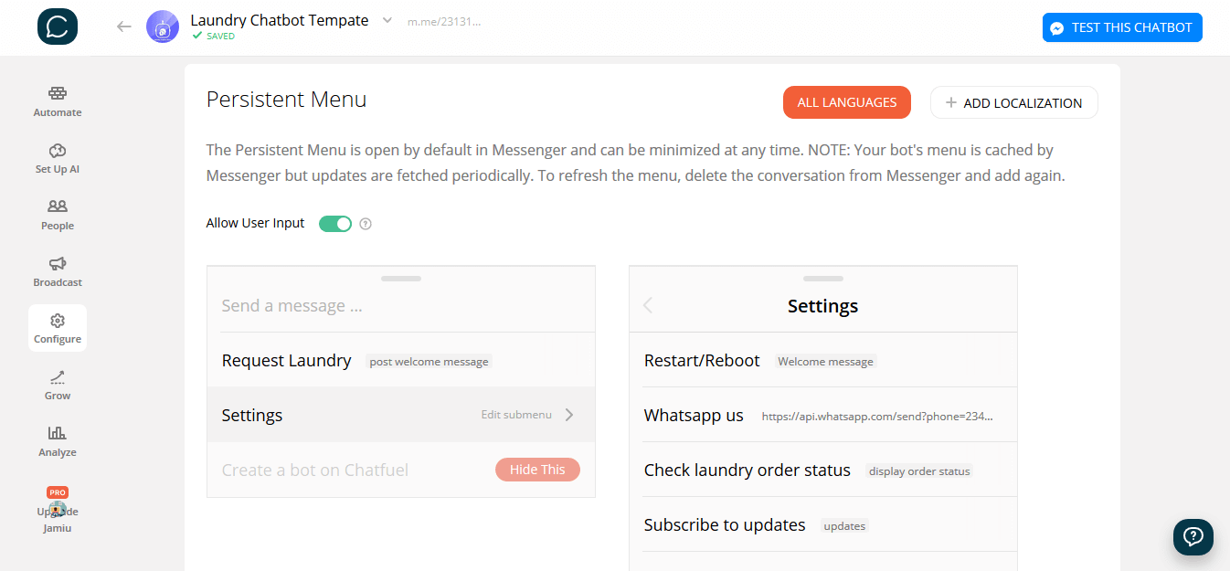 Chatfuel and ManyChat flow editor screenshot for Chemische Reinigung & Wäscheservice Chatbot-Vorlage