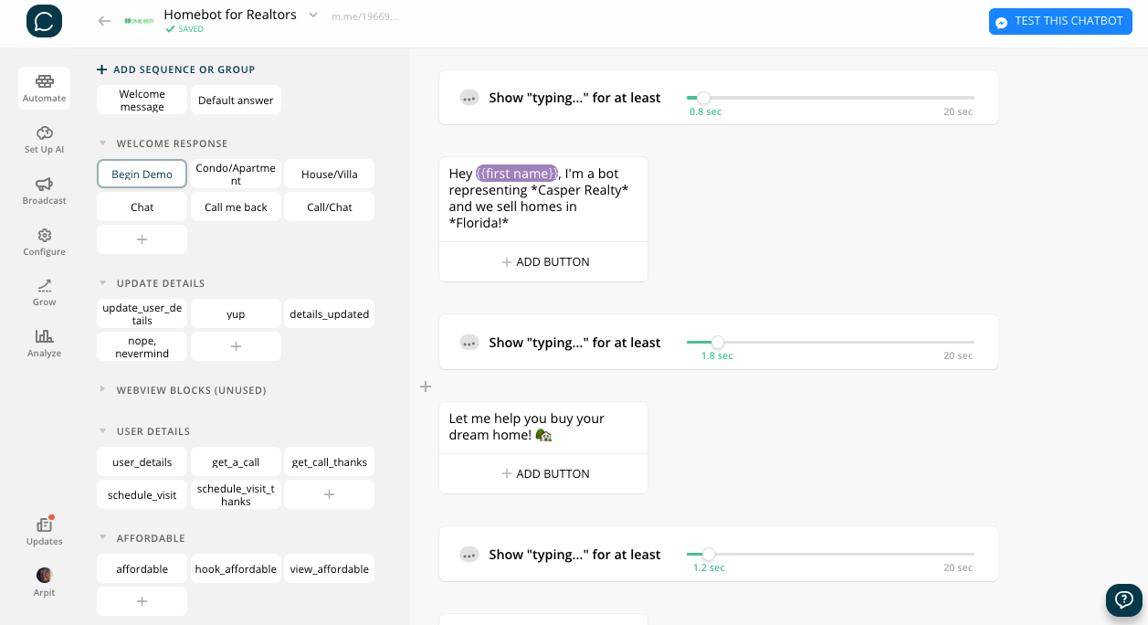 Chatfuel flow editor screenshot for Lead Generation Bot for Realtors Dealing in Homes