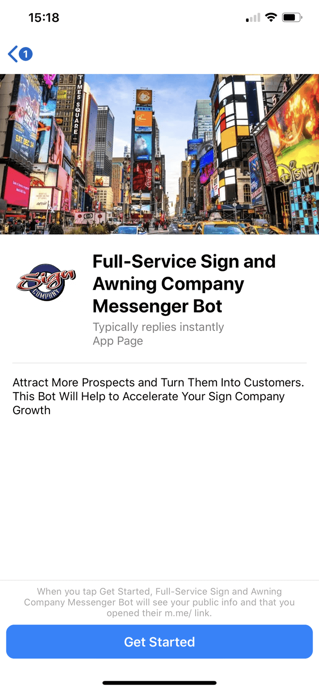 Full-Service Sign and Awning Company Messenger bot screenshot