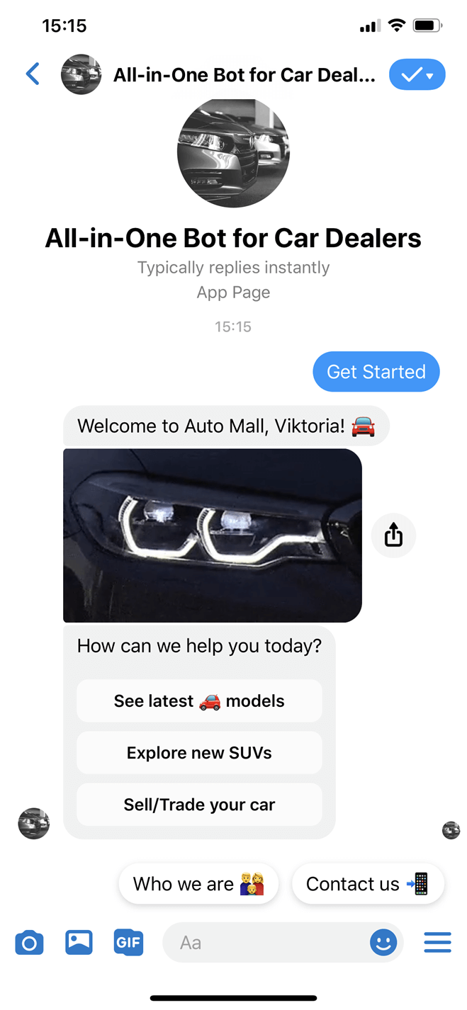 All-in-one car dealer Messenger bot screenshot