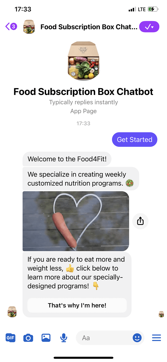 Food subscription box Messenger bot screenshot
