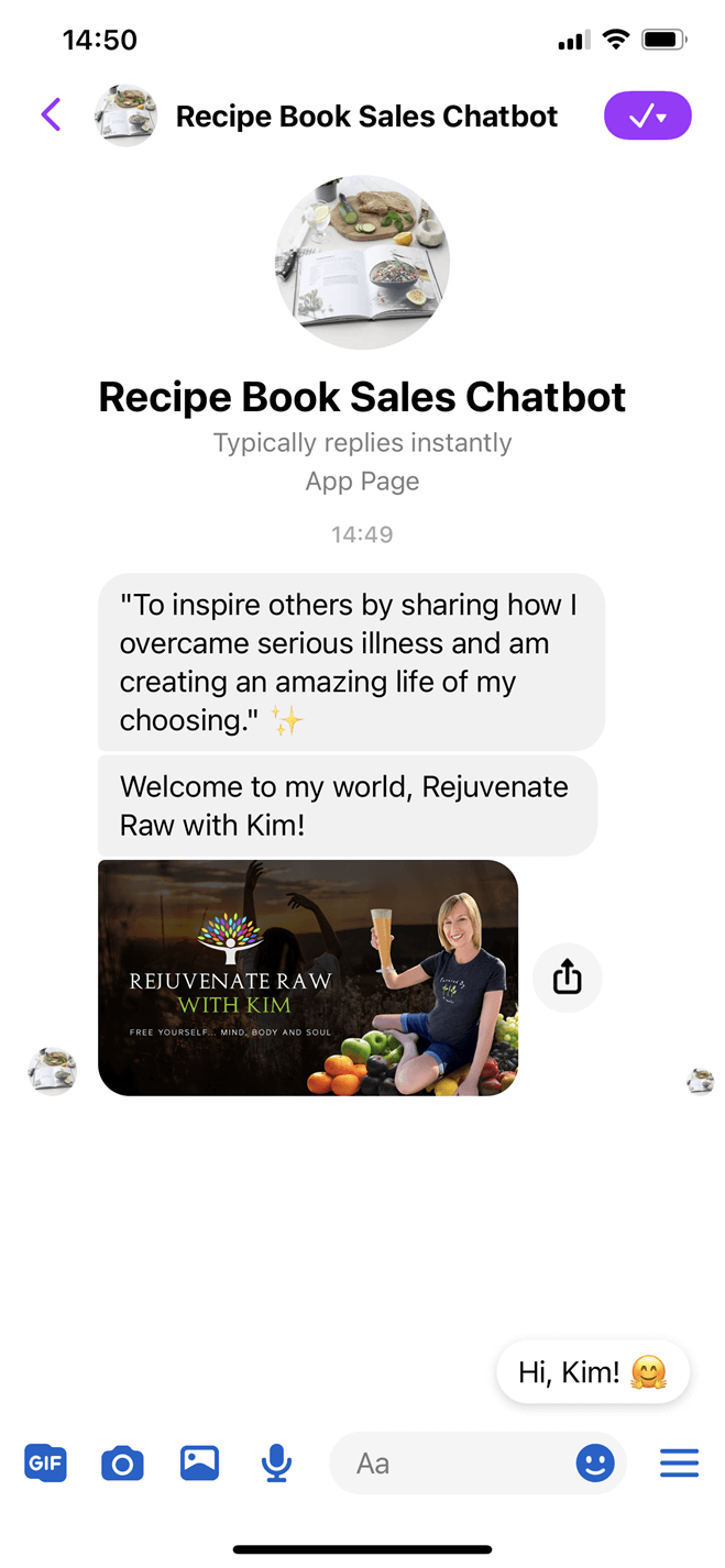 Recipe book sales Messenger bot screenshot