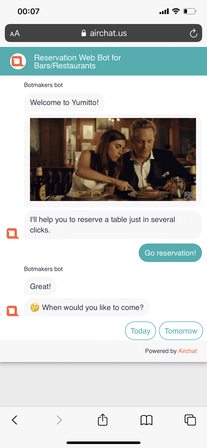 Table reservation Messenger bot screenshot