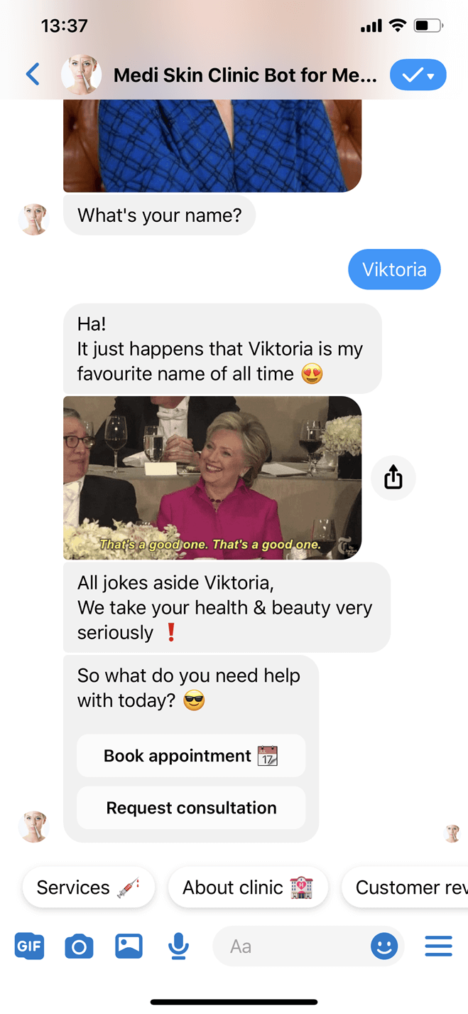 Medi Skin Clinic Messenger bot screenshot