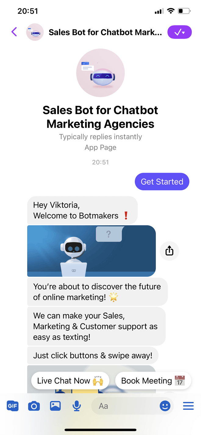 Bot marketing agency Messenger bot screenshot