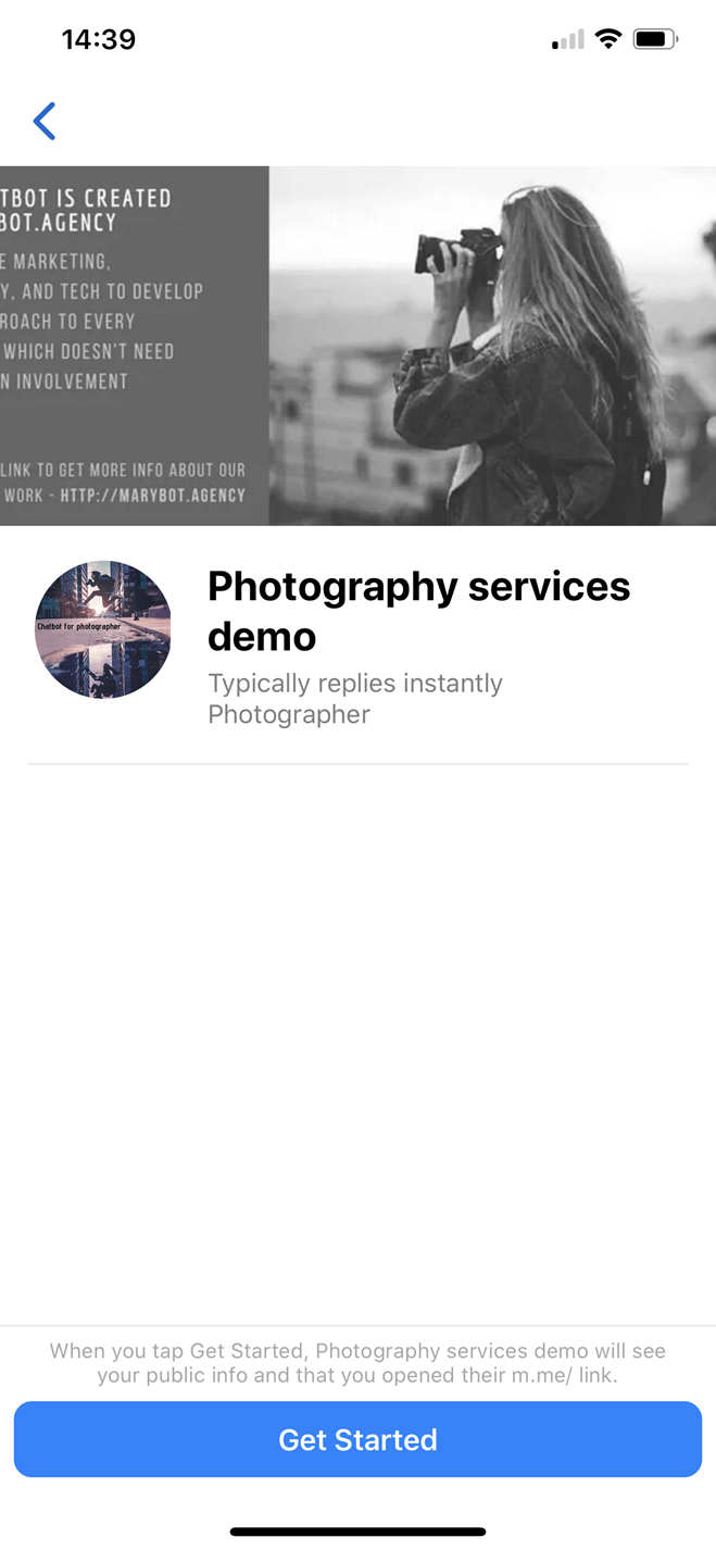 Chatbot for photographer bot screenshot