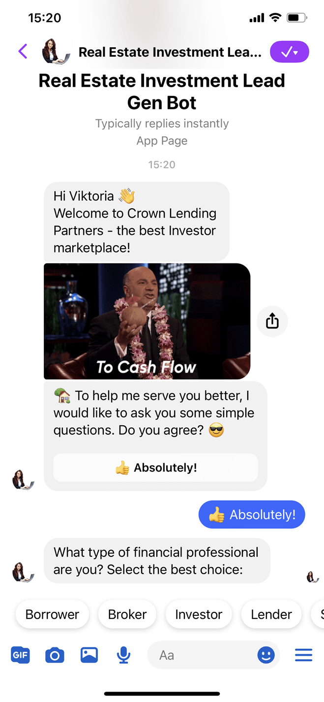 Real estate investment Messenger bot screenshot