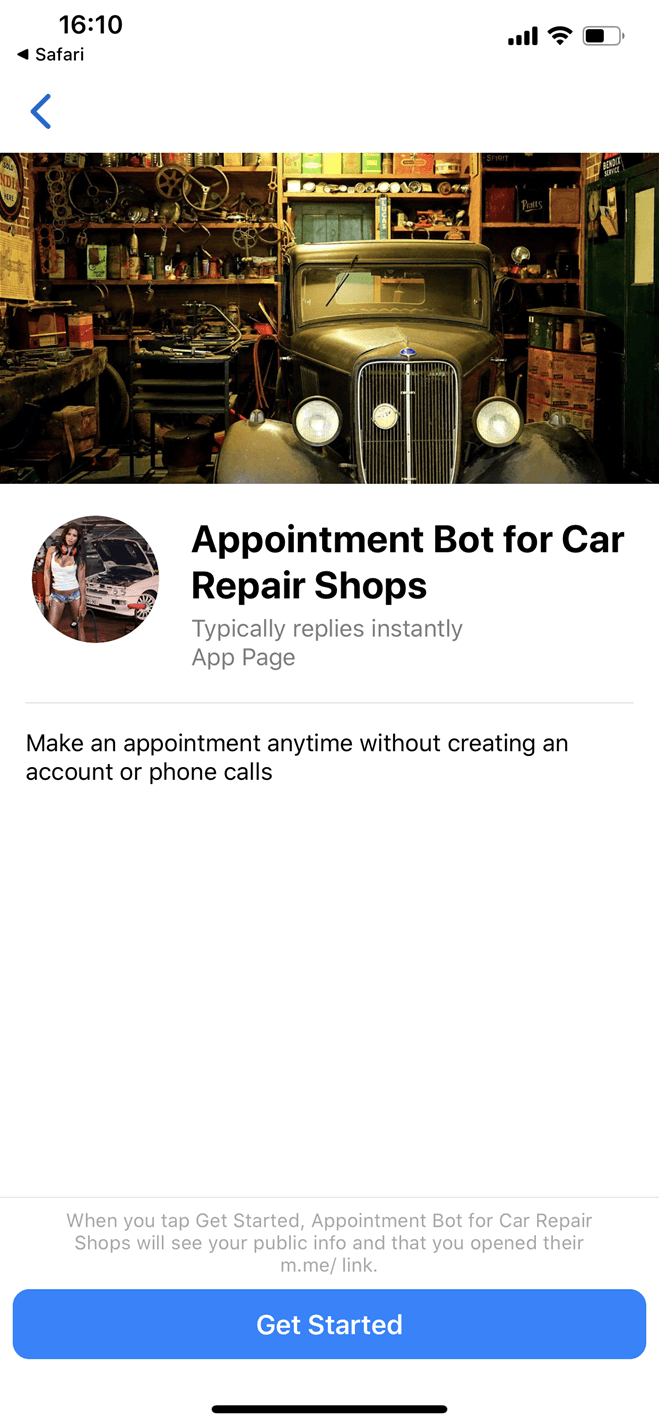 Automotive Repair Shop Messenger bot screenshot