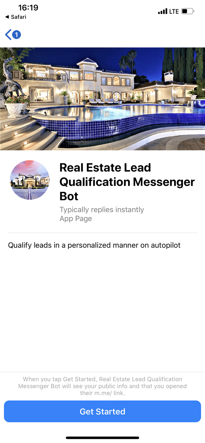 Real Estate Lead Qualification Messenger bot screenshot