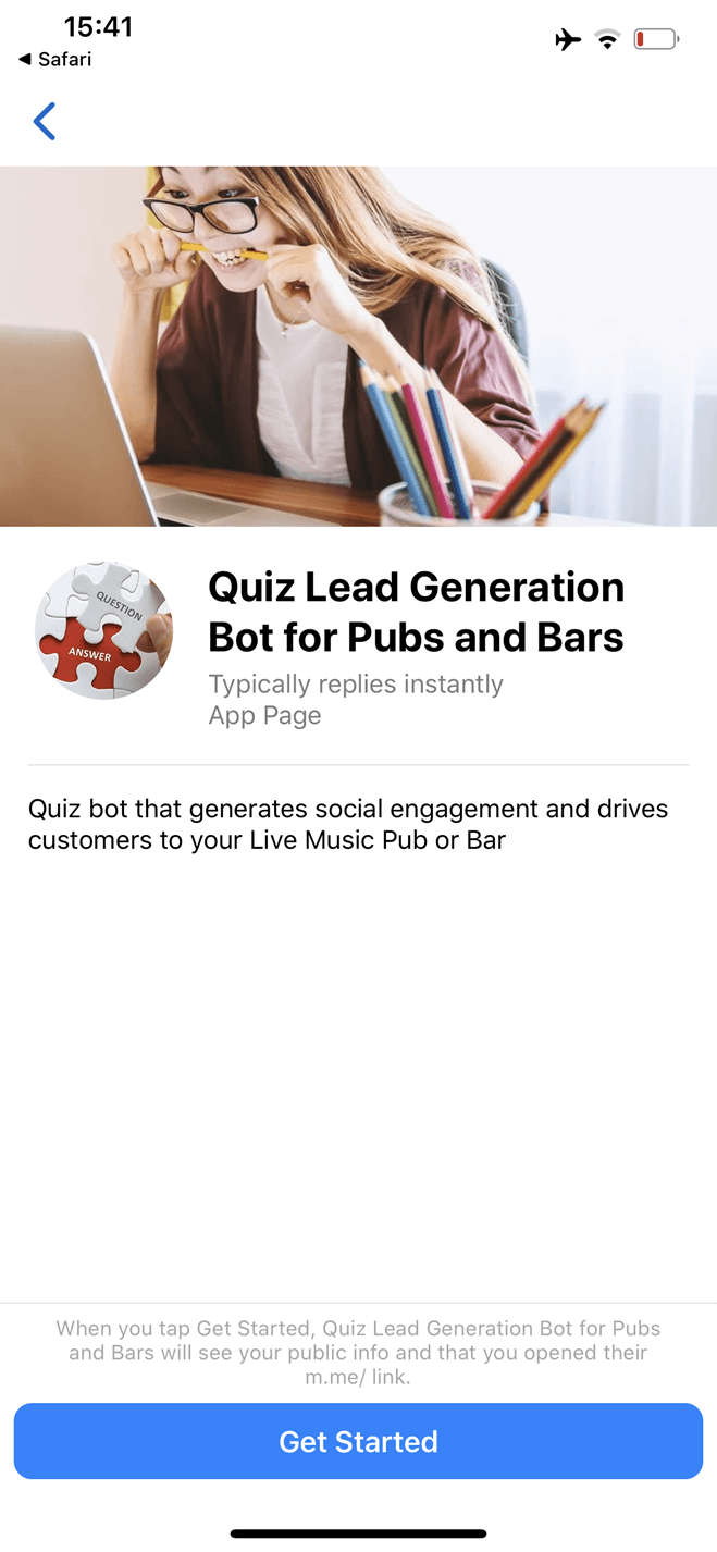 Quiz lead generation Messenger bot screenshot