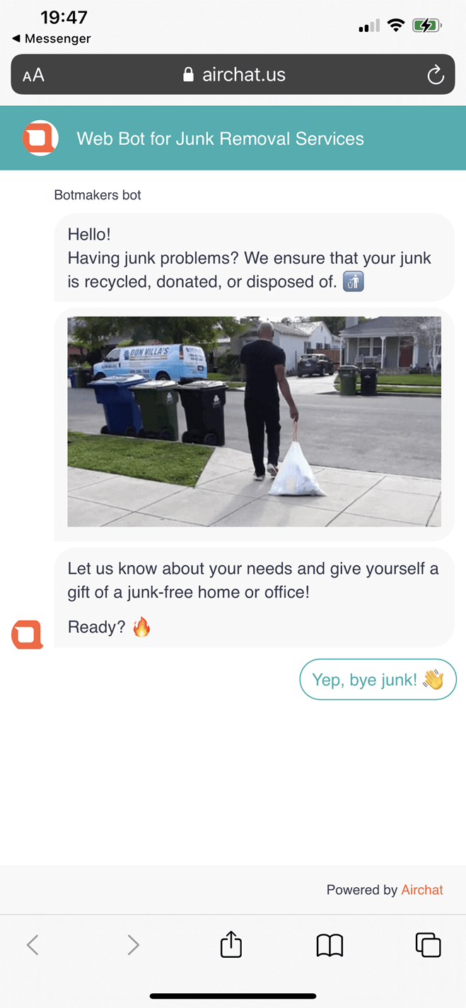 Junk removal service bot screenshot