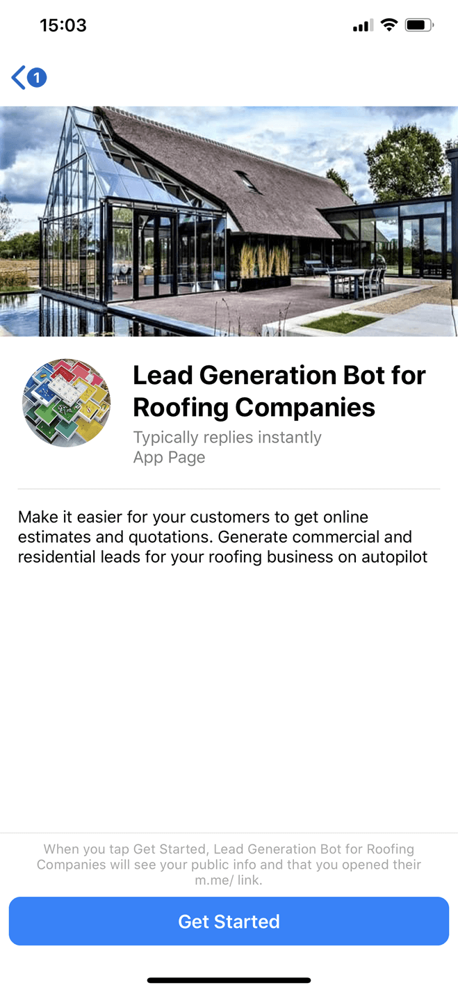 Roofing Company Messenger bot screenshot