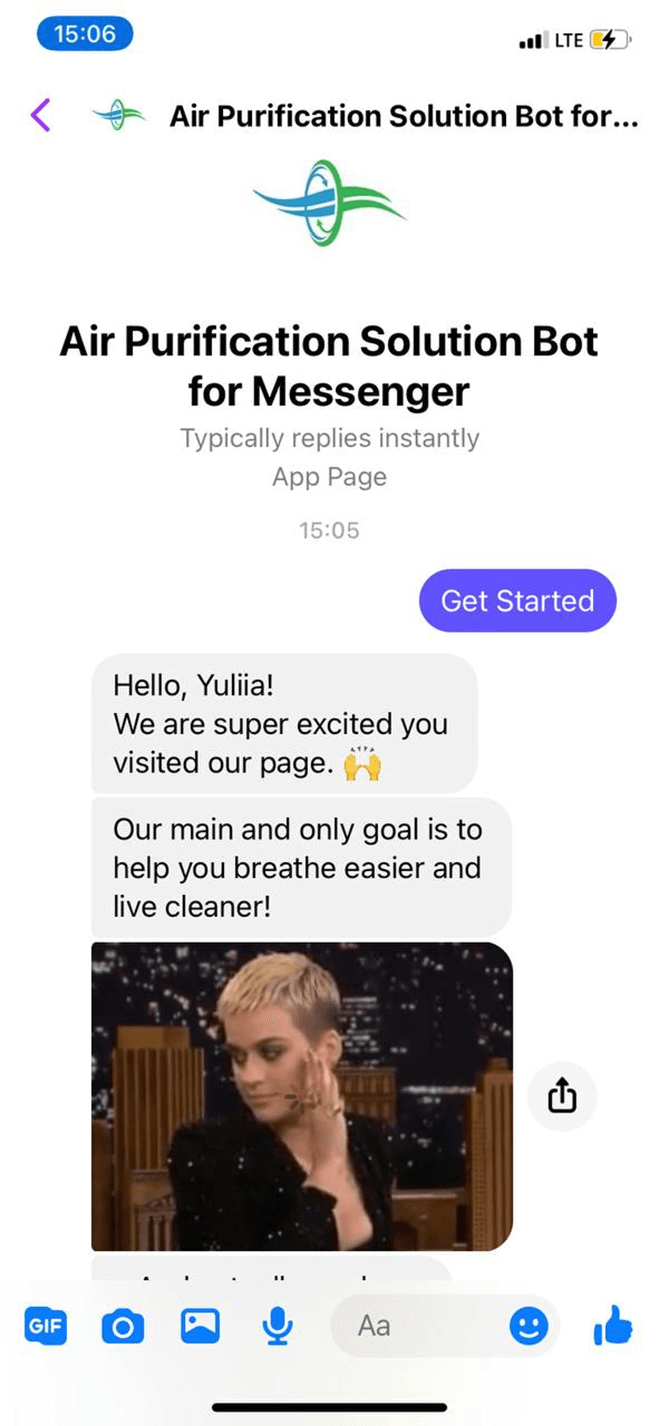 Air Purification Solution Bot for Messenger Messenger bot screenshot